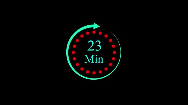 White color circle arrow refresh icon and 23 min timer icon.minutes stopwatch icon. Stopwatch icon in flat style.