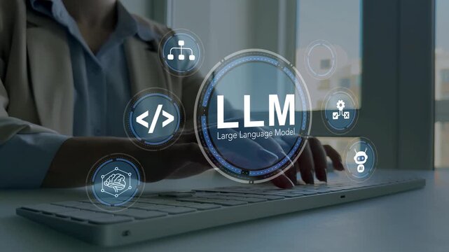 Large language model(LLM) with AI technology.User working on laptop in LLM,Data performrange language tasks,answering questions, summarizing information, translating languages, writing code.