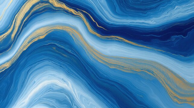 Abstract fluid marble background with blue and gold flowing ink