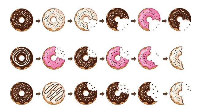 Sequential illustration of various flavored donuts being eaten showing the bite marks from whole to almost finished in three rows.