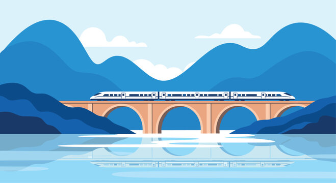 Sleek high-speed passenger train crossing a scenic arched stone bridge set against blue mountains and a clear sky for travel concepts.