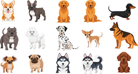 Realistic Cartoon Dog Breeds Collection Vector with Corgi Husky Dalmatian Pug Poodle Chihuahua and Popular Puppy Elements © MdJillur