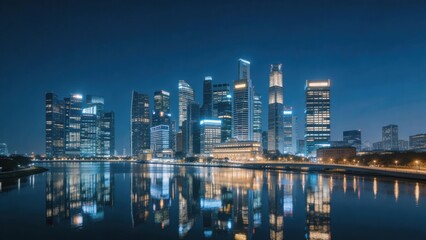 Obraz premium Nighttime city skyline with water reflection