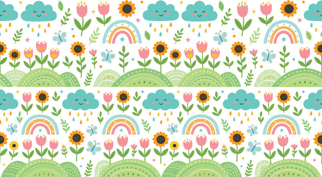 Cute Seamless Spring Pattern Vector with Rainbow Cloud Tulip Sunflower Butterfly Rain and Kawaii Nature Elements