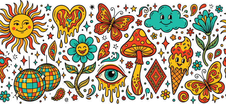 Vintage 70s psychedelic groovy horizontal banner featuring retro rubber hose mascots like melting eye, melting heart, disco balls, and psychedelic mushroom doodles.