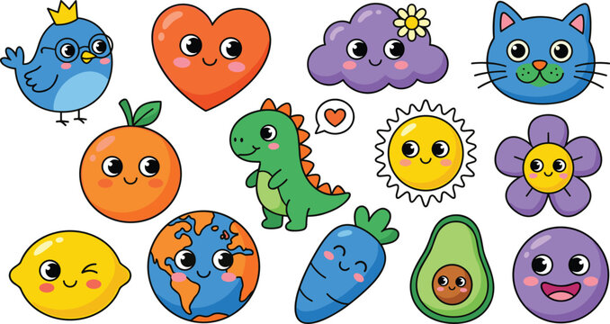 Mega pack of cute kawaii cartoon stickers featuring baby dinosaur, planet earth, happy sun, orange fruit, and blue cat face character mascots in a flat vector style.
