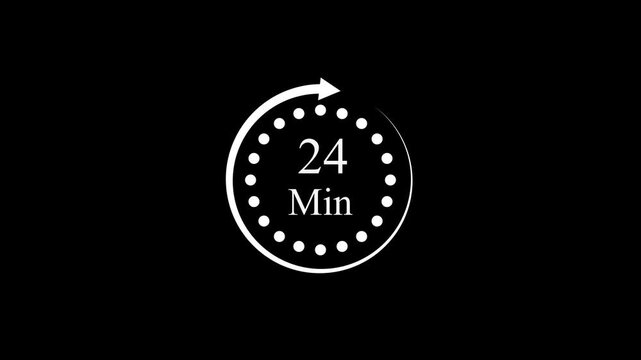 White color circle arrow refresh icon and 24 min timer icon.minutes stopwatch icon. Stopwatch icon in flat style.