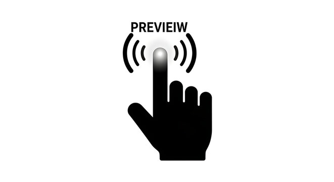 Hand cursor icon clicking on preview button isolated on white background