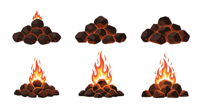 Pixel art collection of coal piles and burning campfires with orange flames and dark charcoal pieces on a white background.