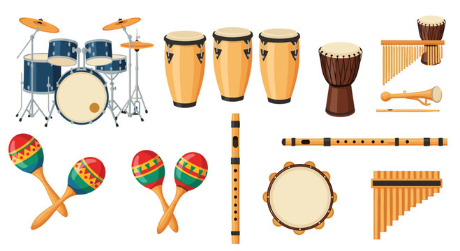 Set of traditional musical instruments including drum kit congas djembe maracas flutes pan flute and tambourine on white background.