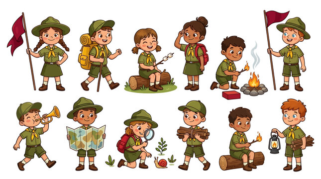 Happy young scouts engaged in various camping activities and outdoor exploration tasks