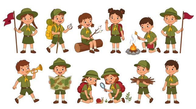 Cartoon illustration of happy scouts camping and exploring nature in uniform