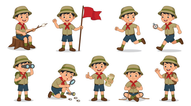 Set of cartoon boy scouts doing various outdoor camping and exploration activities in uniform