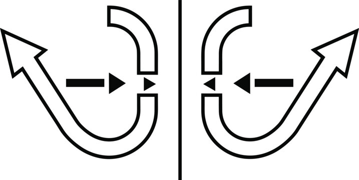 Minimalist black and white vector icon depicting mirrored curved arrows and directional symbols representing concepts of reflection, symmetry, process flow, reversal, and logical movement.