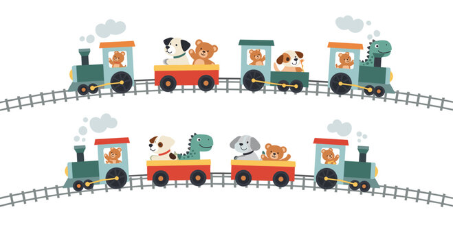 Two toy trains on tracks carrying a collection of adorable animals including teddy bears dogs and a dinosaur.