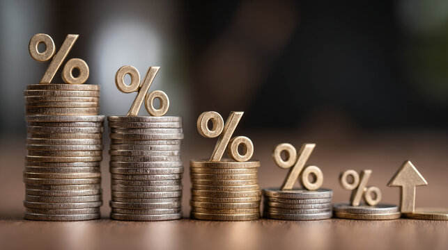 Percentage symbols on decreasing stacks of coins with interest rates, percentage