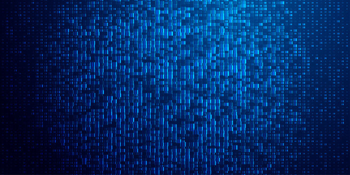 Blue abstract digital matrix background with glowing vertical rectangles and data streams, futuristic technology pattern and hi tech texture