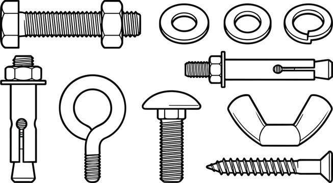 Industrial Fastener Vector Set with Bolts Washers Screws Anchors Wing Nut and Eye Bolt Hardware Illustration
