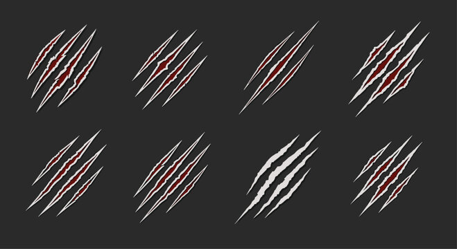 Set of powerful animal claw scratch marks showing sharp tears with red blood and white outlines isolated on a dark grey background.