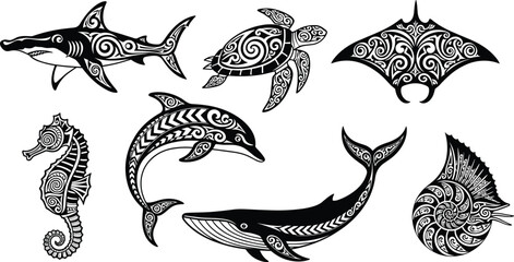 Black Tribal Maori Ocean Animal Collection Vector with Shark Turtle Dolphin Whale Stingray Seahorse and Nautilus Elements © MdJillur