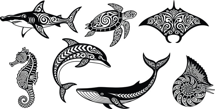 Black Tribal Maori Ocean Animal Collection Vector with Shark Turtle Dolphin Whale Stingray Seahorse and Nautilus Elements