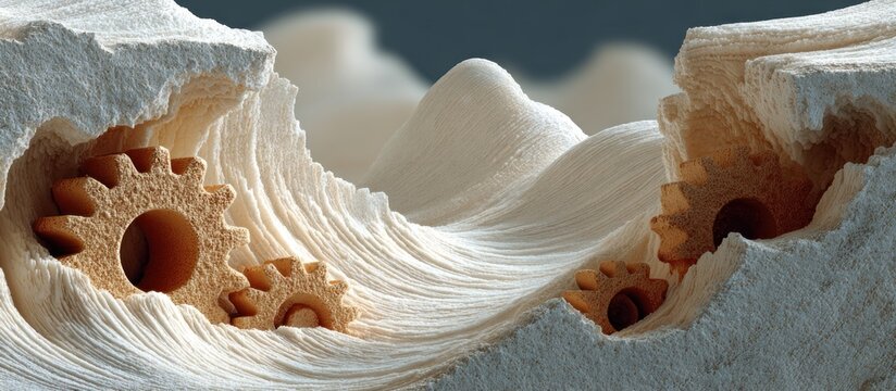 Abstract image of gears within textured, wave-like, sculpted forms