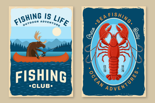 Vintage Seafood Poster Set with Retro Lobster and Fishing moose in canoe. Outdoor adventure poster in retro style for camping lifestyle branding and print design vector illustration