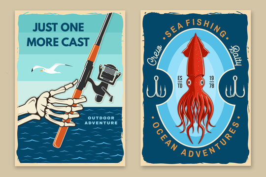 Vintage Fishing Club Poster Set with Anglers Club and Retro Fishing Prints. Outdoor adventure poster in retro style for camping lifestyle branding and print design vector illustration