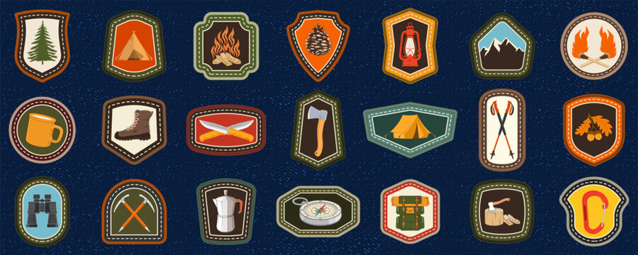 Vintage Camping Patch Bundle with Outdoor Adventure Badges and Retro Hiking Stickers. Set of Scout badge with mountain, binoculars, pine tree, climbing carabiner, knife. Vector. Merit patch, sticker