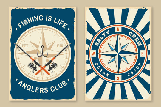 Vintage Fishing Poster Set with Anglers Club and Nautical Compass Prints. Outdoor adventure poster in retro style for camping lifestyle branding and print design vector illustration