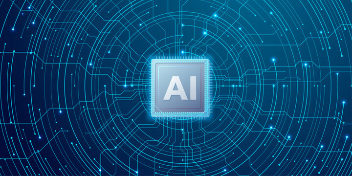 AI processor in futuristic circular interface, blue glowing neural network chip technology background with data connections