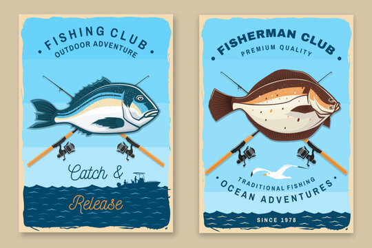 Retro Fishing Poster Collection with Sea Fish and Outdoor Fishing Club Designs. Outdoor adventure poster in retro style for camping lifestyle branding and print design vector illustration