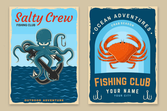 Vintage Marine Poster Set with Octopus and Crab Retro Fishing Club Artwork. Outdoor adventure poster in retro style for camping lifestyle branding and print design vector illustration
