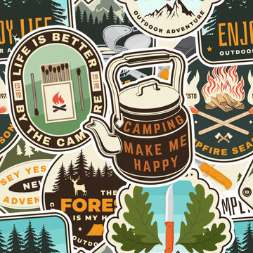 Retro Camping Badge Background with Wilderness Adventure and Camp Stickers. Vector background with camping tent, camping tools, campfire, mountains and forest silhouettes