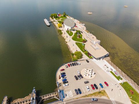 Aerial view of the Danubiana Meulensteen Art Museum on a peninsula in the Danube river with modern architecture and sculpture park Bratislava, Bratislavsky kraj, Slovakia.