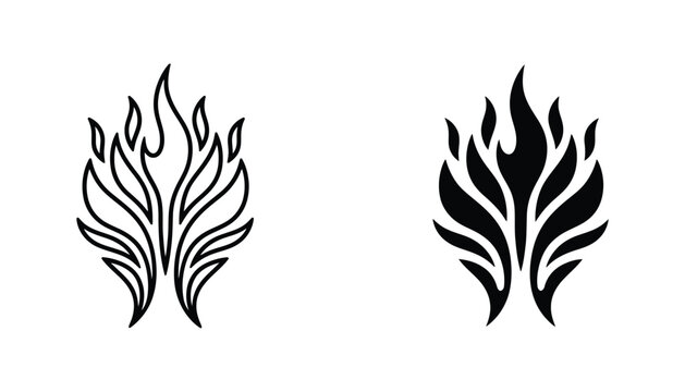 Abstract fire flame logo emblem in decorative tribal style black and white vector graphic