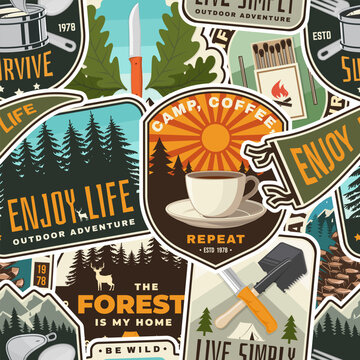 Vintage Outdoor Sticker Pattern with Camping Badges and Forest Adventure Elements. Vector background with camping tent, camping tools, campfire, mountains and forest silhouettes