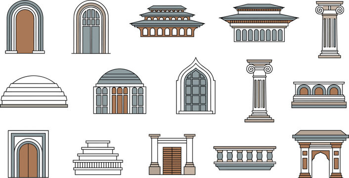 Collection of classical architectural elements featuring arches, ionic columns, ancient temple facades, stepped domes, and ornate stone gateways in a flat line art vector style.