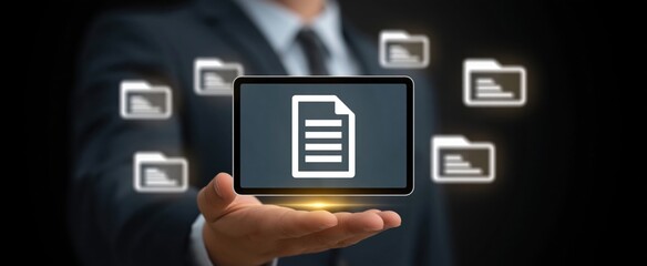 Fototapeta premium Electronic records management and quality assurance system, ISO compliant document workflow. File organization and control process for standardized documentation.