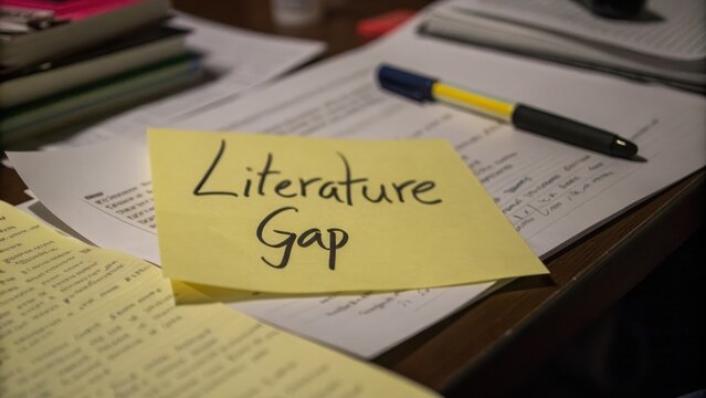 Notepad with Literature Gap Note and Study Materials on Table