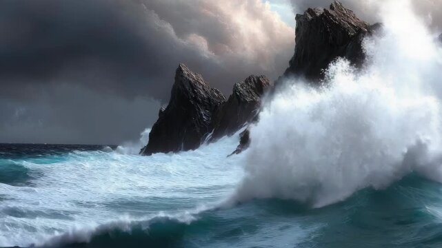 Waves hit the rocks along the shore while clouds fill the sky. The ocean moves in great power as the day turns to night. The light changes as the scene shifts