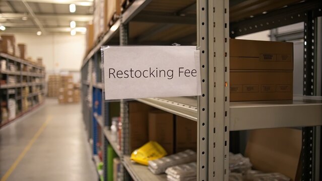 Sign Showing Restocking Fee in Warehouse Aisle with Shelves and Boxes