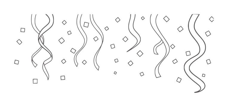 Black and white outline of falling streamers and confetti