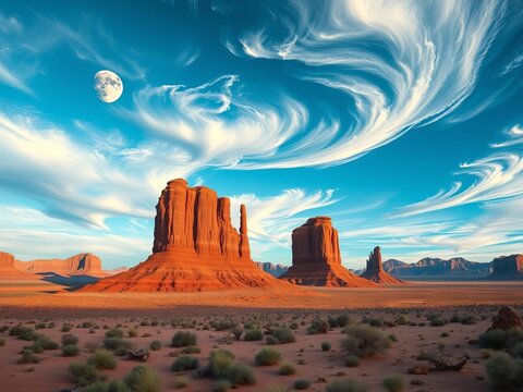 Surreal desert landscape with towering rock formations and a sky filled with swirling, iridescent clouds and twin moons,  iridescent,  swirling