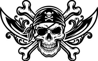 Fototapeta premium Intricate Black Pirate Skull and Crossbones Vector Emblem with Swords and Tribal Flourishes