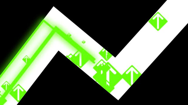 Abstract business growth animation showing glowing green neon arrows moving up a zig-zag trend line. High contrast minimalist motion graphic for financial success, market data chart, and digital tech.