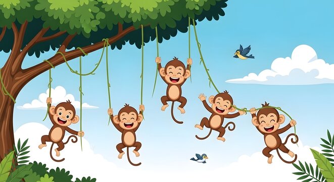 Playful monkeys swinging on vines in a lush jungle setting with birds flying overhead