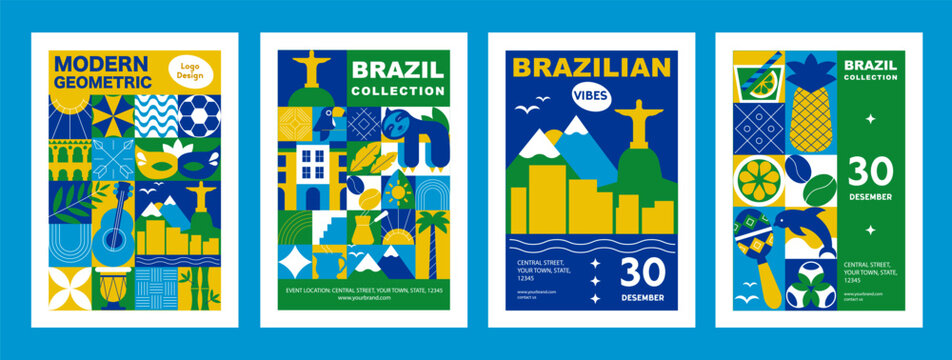 Creative geometric Brazil poster set with simple icons and tropical cultural symbols. Modern summer