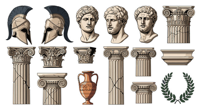 Historical collection of ancient Greek and Roman items including marble busts, ionic columns, helmets, an amphora, and a laurel wreath icon.