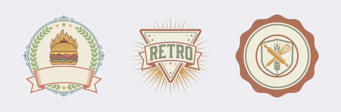 Food and bakery logo vector illustration set with retro frames and culinary style icons.